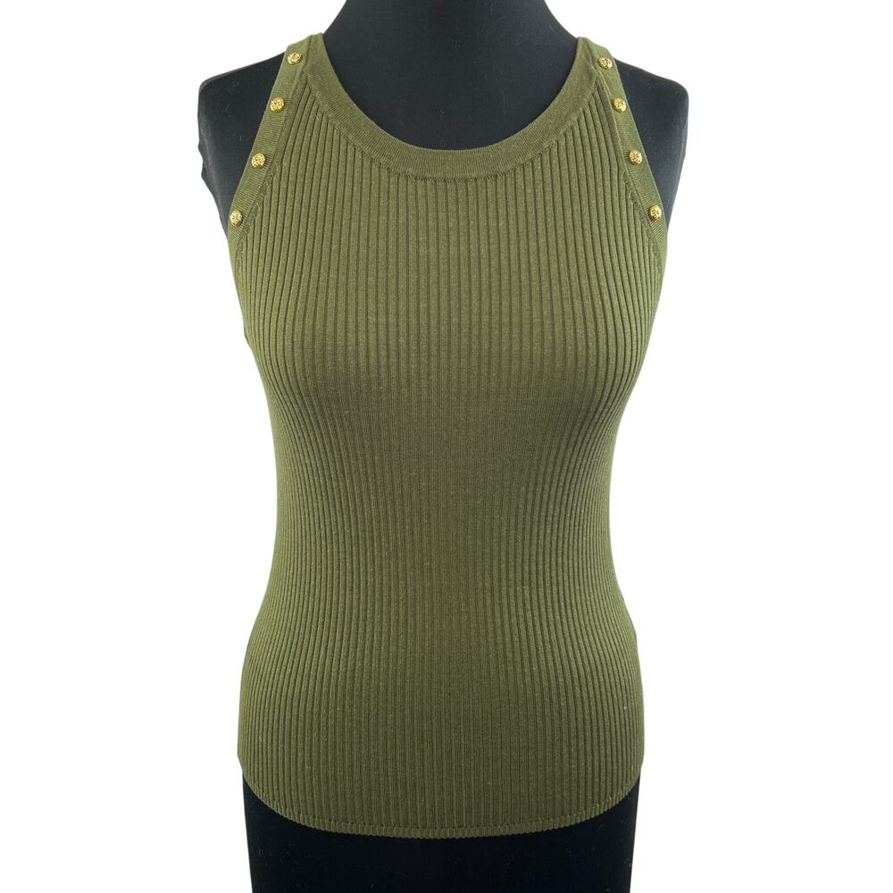SANDRO Green Ribbed Knit Slim Fit Gold Charm Sleeveless Scoop Fitted Tank 3